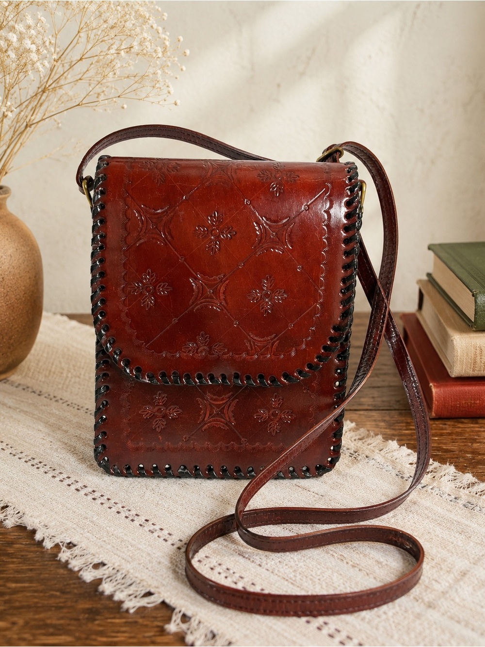Vintage Tooled Leather Crossbody Bag Burgundy Boho Whipstitch Purse